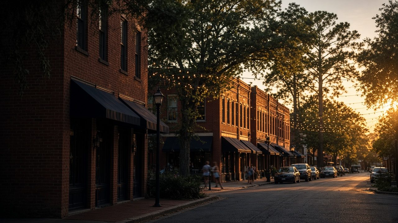 Brick storefronts with awnings and string lights along a tree-lined street at sunset