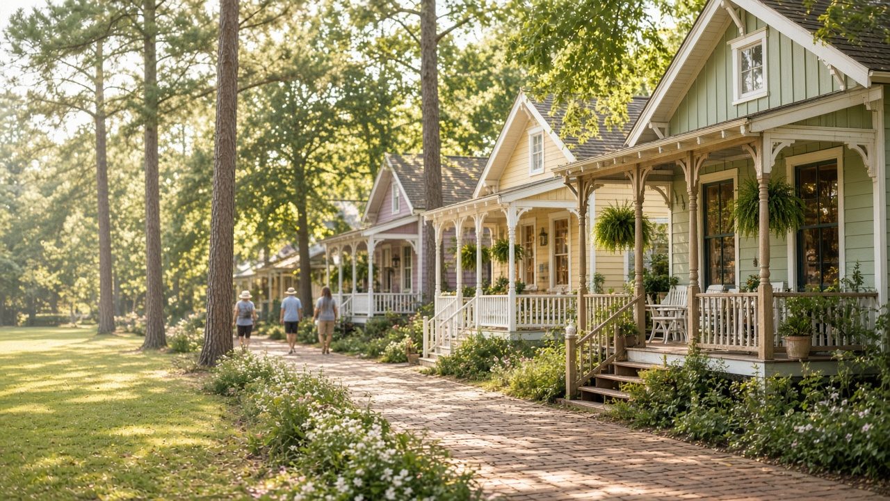 Row of painted cottage shops with porches along a brick garden path